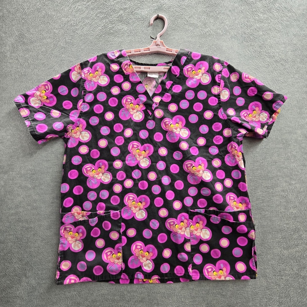 Pink Panther Women Scrub Top L Black Polka Dot Whimsical Graphic Print Short